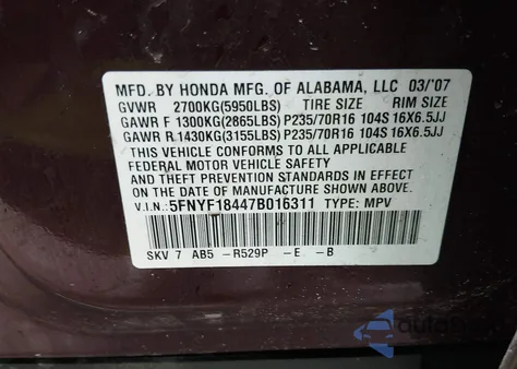 2007 Honda Pilot Ex из США, поврежденный, VIN 5FNYF18447B016311